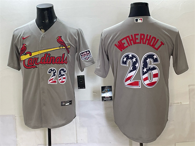 Men's St. Louis Cardinals #26 JJ Wetherholt Grey USA 250 Fourth of July Stitched Baseball Jersey Men's St. Louis Cardinals #26 JJ Wetherholt Grey USA 250 Fourth of July Stitched Baseball Jersey